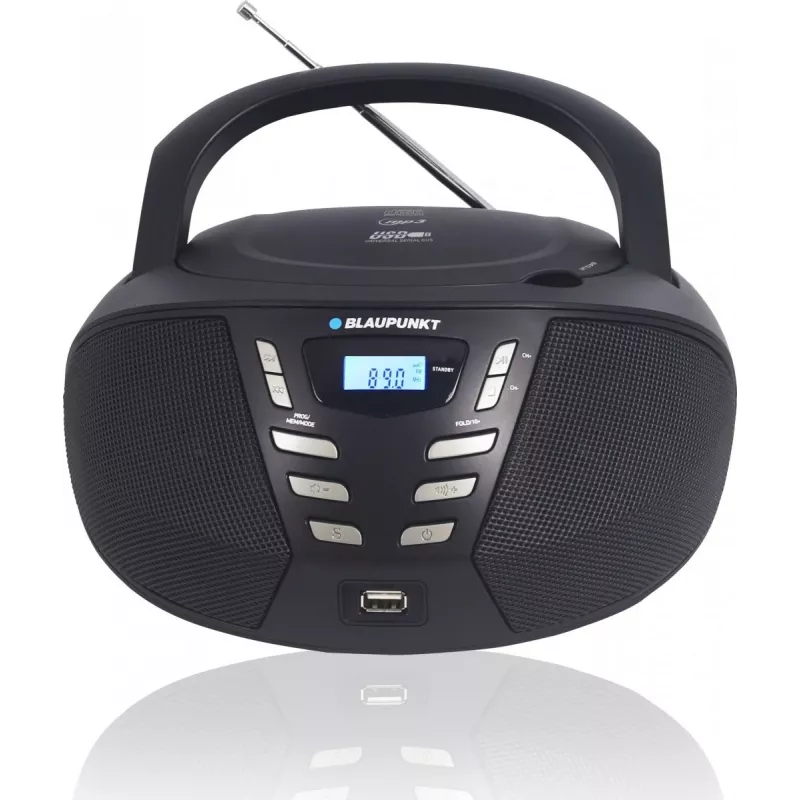 Nešiojamas CD grotuvas Blaupunkt BB7BK – MP3, FM radijas, USB, AUX, baterijomis maitinamas, 2 įmontuoti garsiakalbiai, 240×230×128 mm