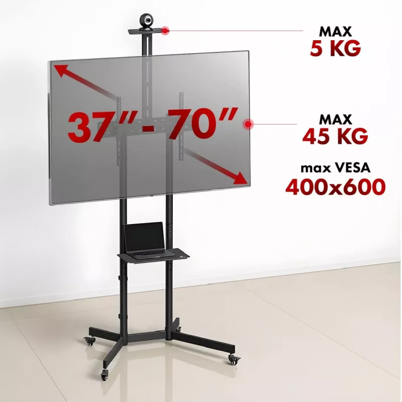 Maclean MC-113 B mobilus televizoriaus stovas / vežimėlis su lentyna kamerai, ratukais, 37-70 col., maks. apkrova 45 kg / 5 kg lentynai, VESA 600x400