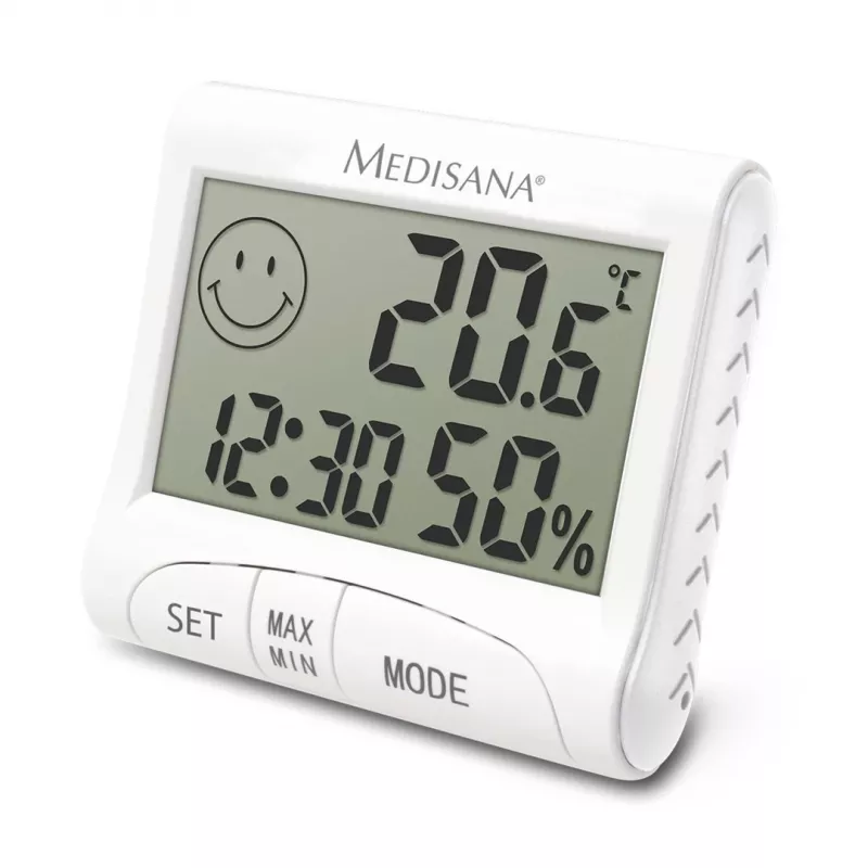 Vidinis elektroninis higrometras Medisana HG 100 – skaitmeninis termometras, drėgmė 20–90 %, temperatūra -10–50 °C, stalinis ekranas, baterija AAA