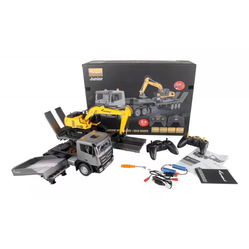 Amewi 2-in-1 žemagrindė priekaba ir ekskavatorius G836E/G041E 1:24 RTR