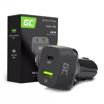 Automobilinis įkroviklis Green Cell CAD33, 42W, USB-C PD + USB-A QC3.0, 12/24V įvestis, 5–12V išvestis