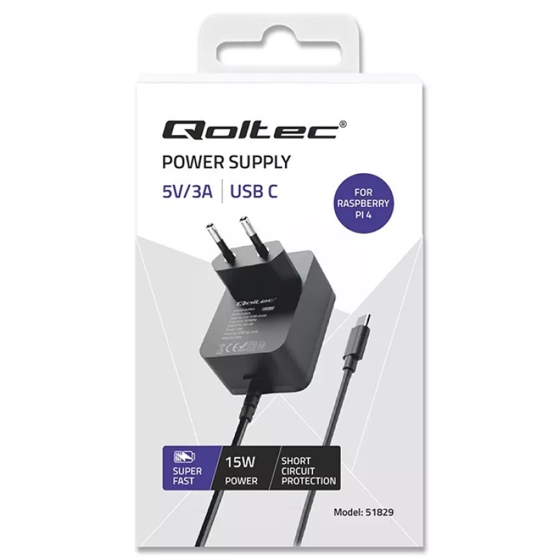 QOLTEC PD greitasis įkroviklis Raspberry Pi 4, USB-C, 15W