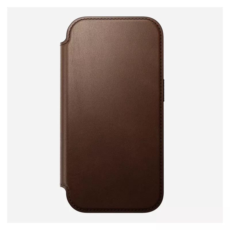 Odininis dėklas su atvartu Nomad Modern Leather Folio, skirtas iPhone 17 Pro, rudos spalvos, tinka 6,3 colio (16 cm) ekranui, 4 kortelių kišenės