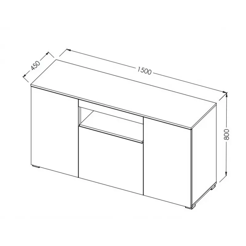 Sideboard Cama Meble VIVA 150 – baltas/baltas blizgus ir sonoma ąžuolas, 3 durys, 5 lentynos, 1500×450×800 mm