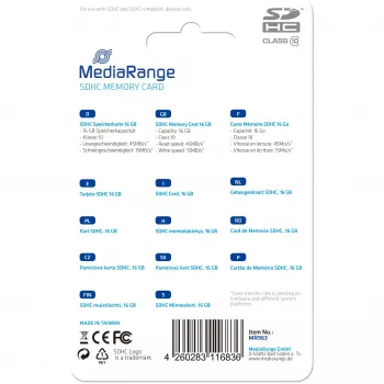 Atminties kortelė MediaRange 16 GB SDHC Class 10 MR963