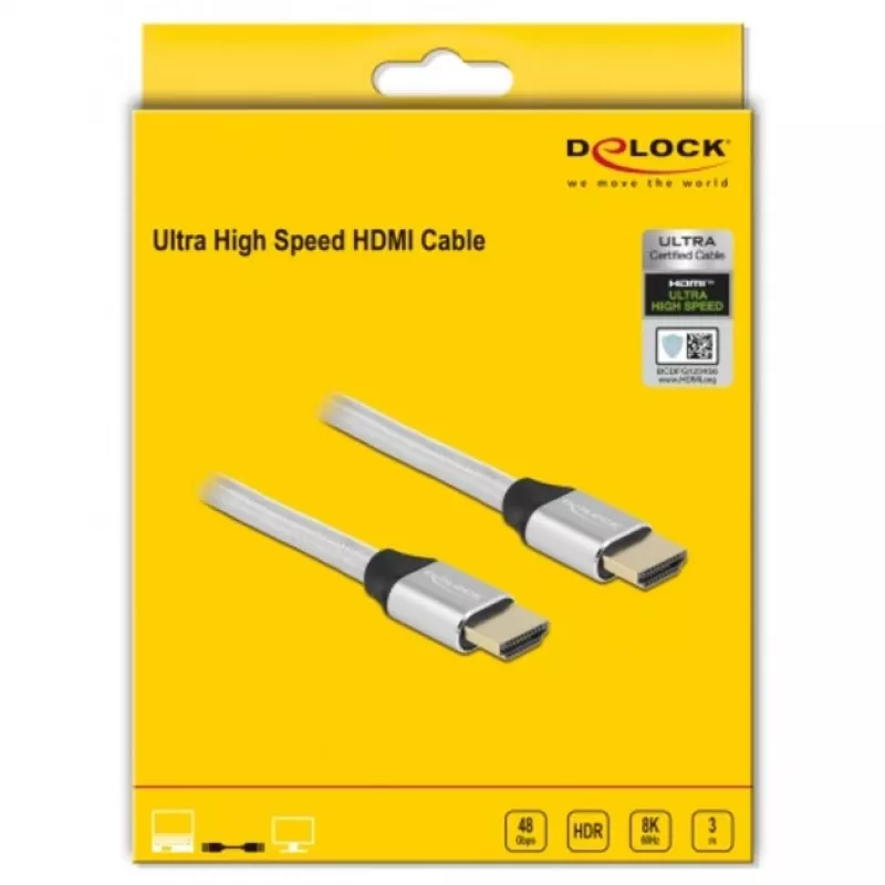 HDMI laidas DeLOCK Ultra High Speed 48 Gbps 8K 60 Hz sidabrinis 3 m