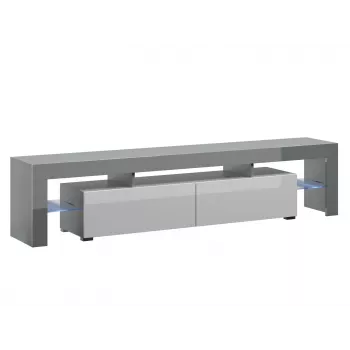 TV stovas Cama Meble TORO 200 2000×350×410 mm, pilkas stalviršis iš medžio drožlių plokštės, pilkai/baltas blizgesys
