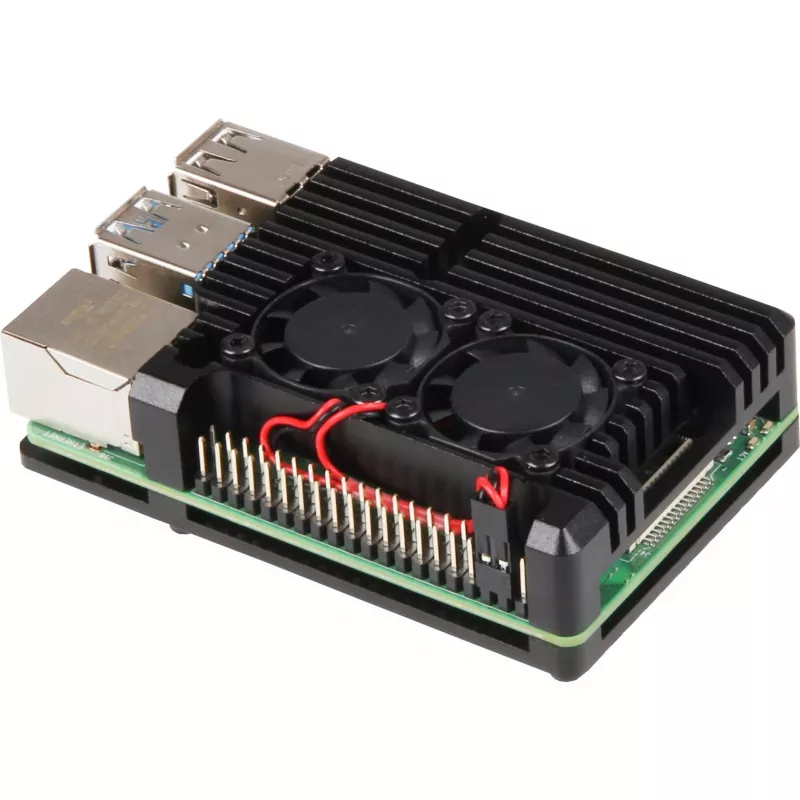 JOY-IT RPI CASE ALU07F - Dėklas Raspberry Pi 4, aliuminis, ventiliatorius, juodas (RB-ALUCASEP4+07FAN)