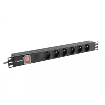 Maitinimo skirstytuvas LANBERG PDU-06E-0200-BK — 6x E tipo lizdai, 16 A, 2 m laidas, 1U stovas, 220–250 V
