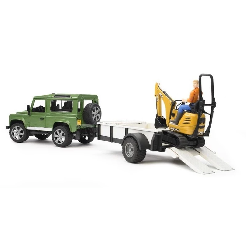 Žaislinis automobilis BRUDER Land Rover Defender su priekaba ir ekskavatoriumi JCB 8010 CTS
