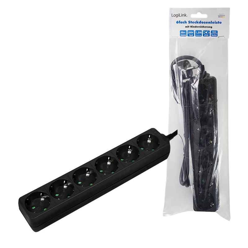 Prailginimo laidas LogiLink LPS238B 1,5 m 6 lizdų juodas