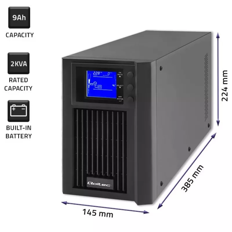 Nepertraukiamo maitinimo šaltinis QOLTEC 53981 On line 2kVA, 2000 VA