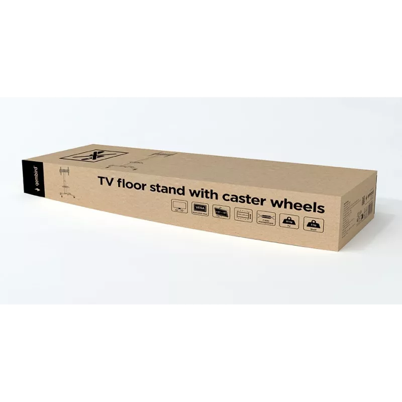 TV stovas GEMBIRD TVS-55T-01 32–55 coliams, plieninis, reguliuojamas aukštis, VESA 100x100–400x400, pakreipimas, ratukai, max 35 kg