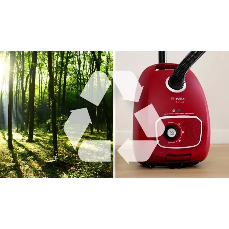 Siurblys Bosch BGB 41RD3H — 600 W, 4 L dulkių maišas, HEPA filtras, 11 m spindulys, teleskopinis vamzdis, raudonas