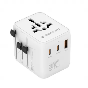 Kelioninis maitinimo adapteris GEMBIRD TPA-1A2C20-01-W — 20 W, USB-A (18 W) + 2× USB-C (20 W), E tipo kištukas, baltas