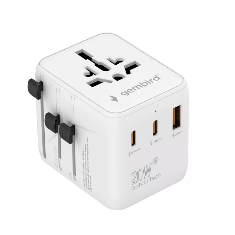Kelioninis maitinimo adapteris GEMBIRD TPA-1A2C20-01-W — 20 W, USB-A (18 W) + 2× USB-C (20 W), E tipo kištukas, baltas