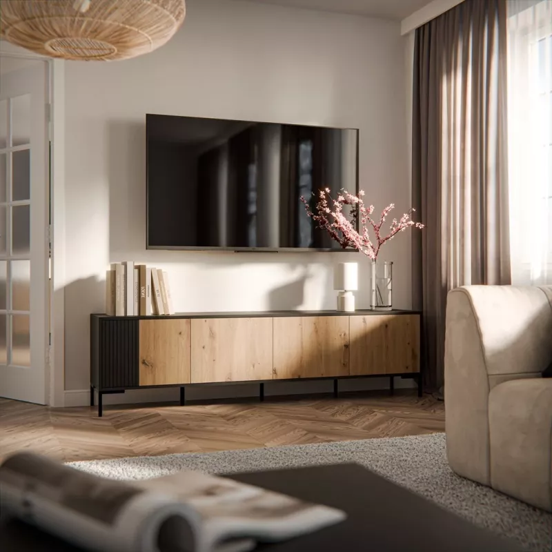 Cama MERCI RTV spintelė 200 x 40 x 54 cm juodas/ąžuolas artisan