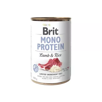 Šlapias šunų ėdalas Brit MONO PROTEIN Aviena su ryžiais 400 g skardinė – suaugusiems šunims, vieno baltymo, be konservantų