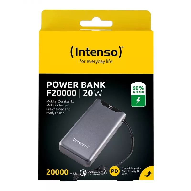 Power bank Intenso 7332054 – 20000 mAh, PD 3.0 ir QC 3.0, 20 W, USB-A + USB-C, pilka
