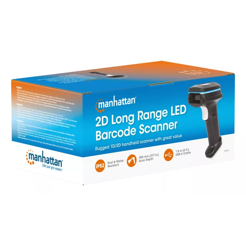 Manhattan 2D ilgo nuotolio LED brūkšninių kodų skaitytuvas, USB, 450 mm skaitymo gylis, atsparus iki 100 000 liuksų šviesai (saulės šviesa), palaiko 1D (21 versijos) ir 2D (10 versijų) simbolius, RJ45 į USB 1,8 m laidas (USB-A), juodas, 3 metų garantija