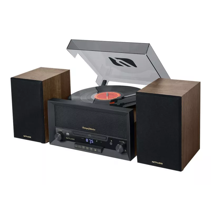 Namų audio midi sistema muse MT-120 MB — 20W RMS, 2 krypčių garsiakalbiai, AC 100–240V 50/60Hz, juoda/permatoma/mediena