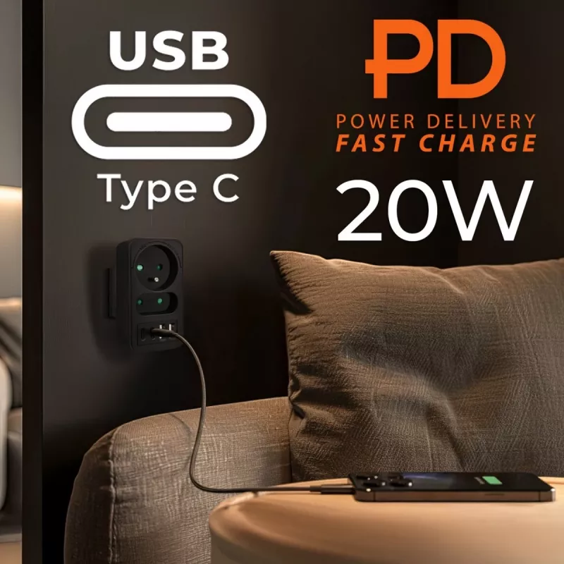 Maitinimo daliklis MACLEAN MCE249 F/B – 2 AC lizdai (16A + 6A) su 2×USB-A ir 2×USB-C PD 20W, EU kištukas, juodas