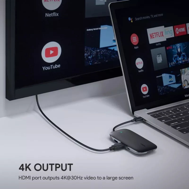 Dokavimo stotelė nešiojamam kompiuteriui AUKEY CB-C71 — 3x USB-C (USB 3.2 Gen1), HDMI, RJ-45, MicroSD, USB PD 100W, 0,15 m laidas, juoda