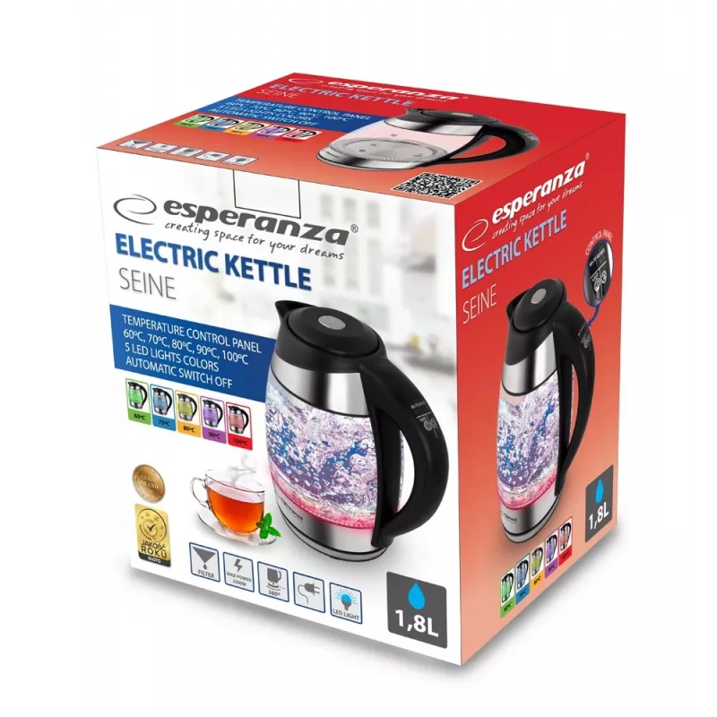 Esperanza EKK026 elektrinis virdulys 1,7 L 2200 W Juodas, Skaidrus