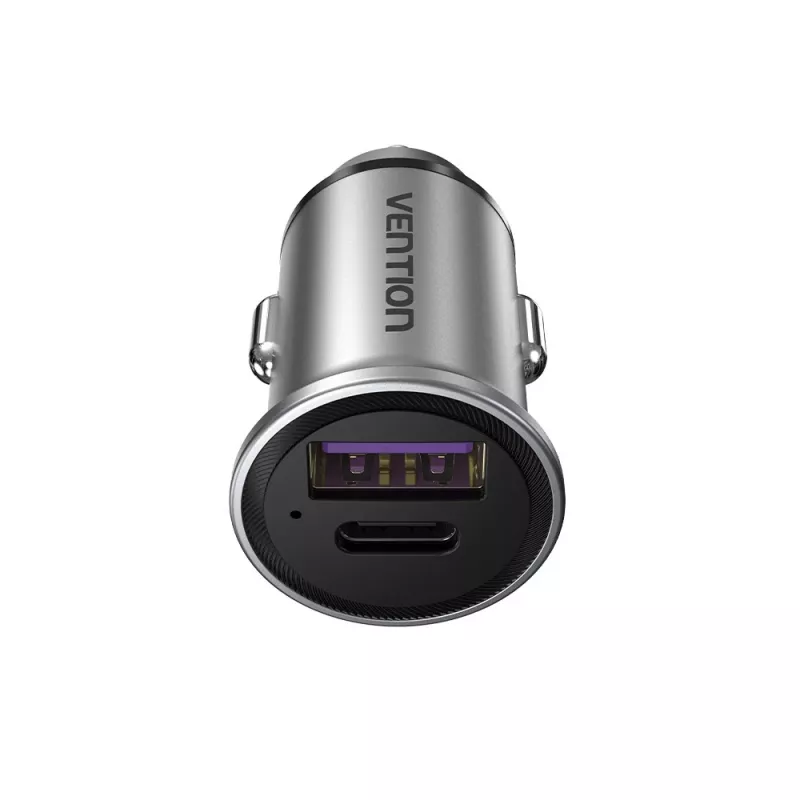 Vention dviejų prievadų USB A+A automobilinis įkroviklis, pilka spalva, mini stiliaus aliuminio lydinys