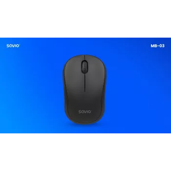 Savio MB-03 belaidė optinė pelė su 2,4 GHz USB imtuvu, 1000 DPI, 3 mygtukai, AA baterija, 99x60x39 mm, 51 g, juoda