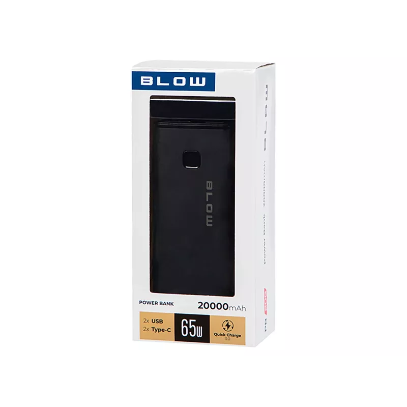 Nešiojamas powerbankas BLOW PB20G 20000mAh PD 65W, USB-C įėjimas/išėjimas, 2x USB-A išėjimai, juodas
