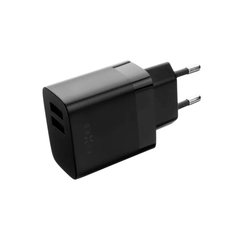 Fiksuotas dvigubas USB kelioninis įkroviklis FIXC17N-2U-BK, 17W, nešiojamas USB maitinimo adapteris, juodas