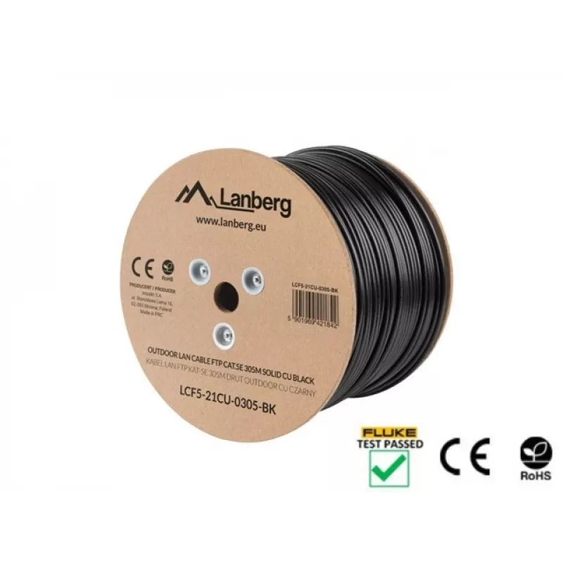 LANBERG kabelis tinklo Cat5e LCF5-21CU-0305-BK, F/UTP varis, 305 m, 24 AWG, PE apvalkalas, juodas
