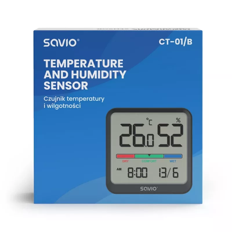 Vidaus temperatūros ir drėgmės jutiklis SAVIO CT-01/B pastatomas, LCD, -10–55°C, 10–99% RH, CR2032