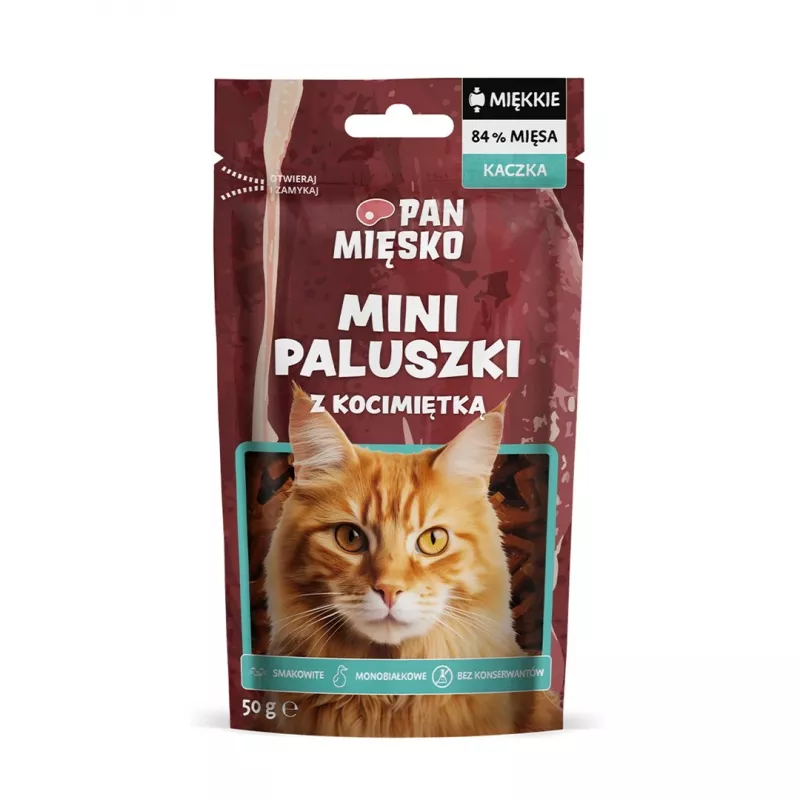 Skanėstai katėms Pan Miesko Mini Anties lazdelės su katžole 50 g – Hipoalerginis, be grūdų ir sojos užkandis suaugusioms katėms