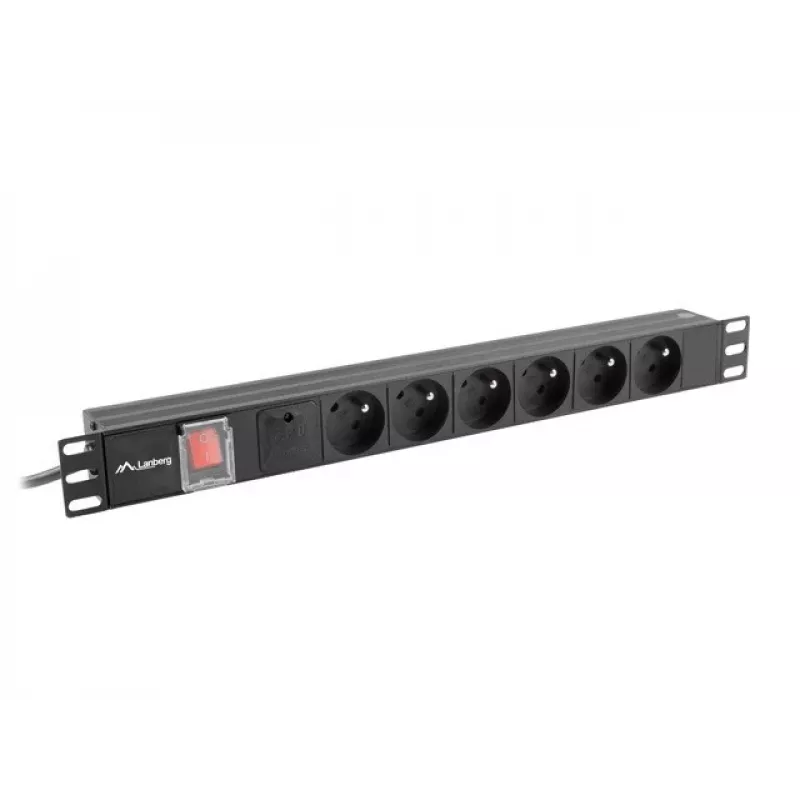 Maitinimo skirstytuvas LANBERG PDU-06E-0200-BK — 6x E tipo lizdai, 16 A, 2 m laidas, 1U stovas, 220–250 V