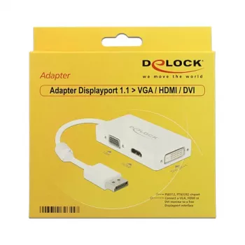 DELOCK Adapteris Laidas DisplayPort Kištukas > 1 x VGA + 1 x HDMI + 1 x DVI 24+1 Baltas