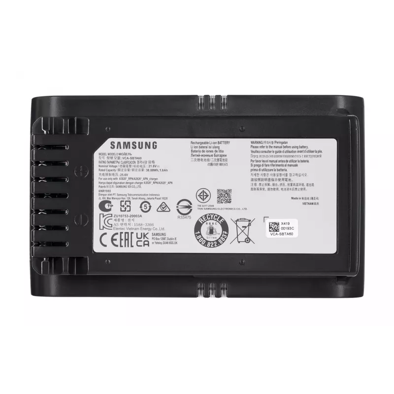 Belaidis vertikalus dulkių siurblys Samsung Jet 75E Complete — skaitmeninis variklis, 200 W siurbimo galia, 60 min veikimo laikas, 0,8 L dulkių talpa, LED ekranas, 2,6 kg