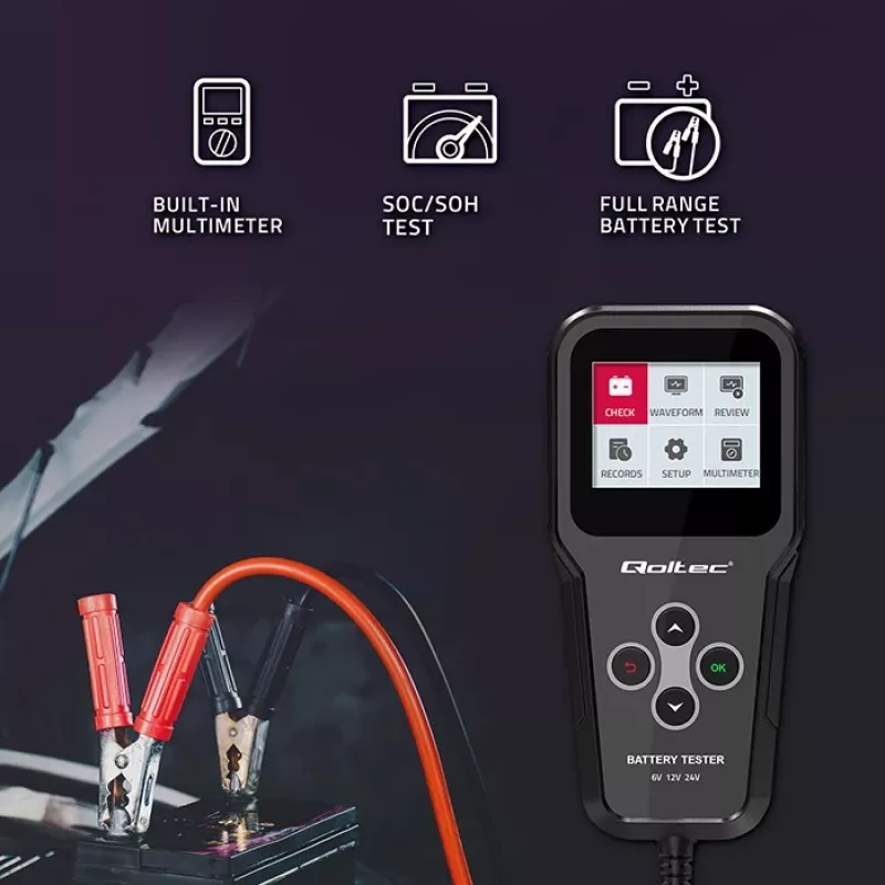 Qoltec 52489 Skaitmeninis akumuliatoriaus analizatorius 3-in-1 su LCD ir keliomis kalbomis 6V | 12V | 24V | 30Ah-200Ah