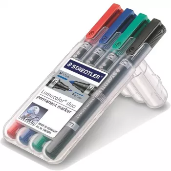 Permanentinis markeris Staedtler Lumocolor 348 dvigubu antgaliu (plonas/storas) – 4 spalvų rinkinys