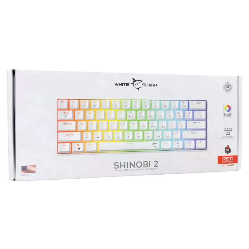 Laidinis mechaninis klaviatūra White Shark Shinobi-2 (GK-004211) — US išdėstymas, raudoni jungikliai, balta