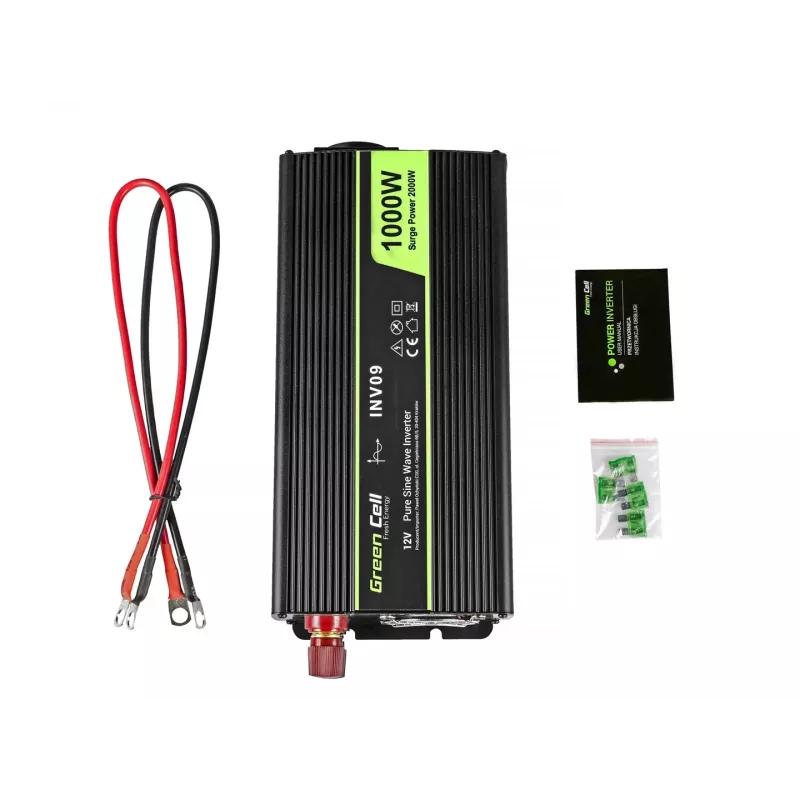 Green Cell INV09 automobilinis keitiklis 12V į 230V 1000W grynas sinusas juodas