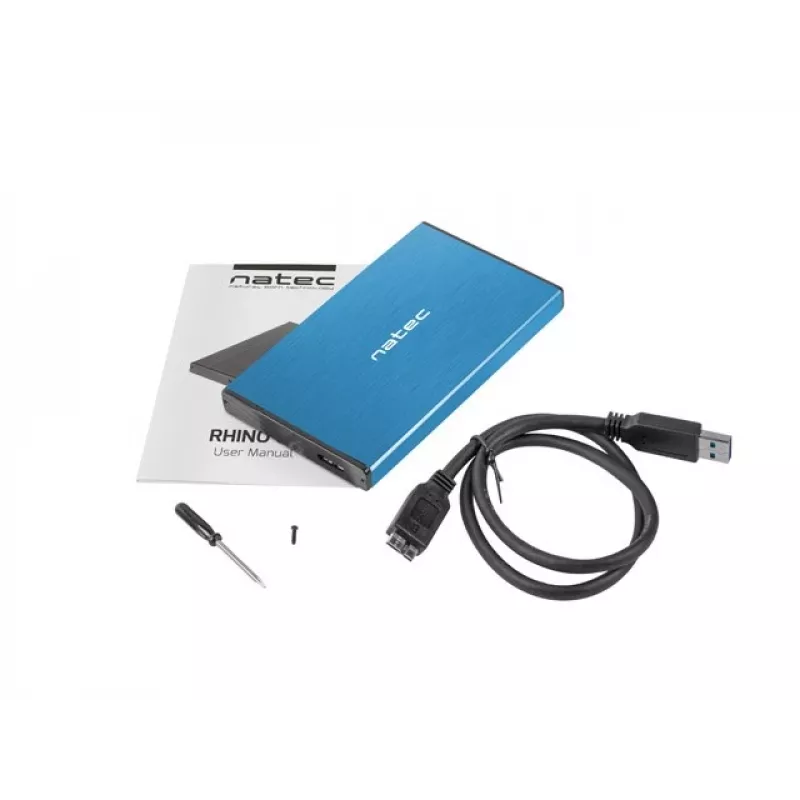 Išorinis dėklas HDD/SSD NATEC Rhino GO 2,5 colio — USB 3.0, SATA III, iki 4 TB, 9,5 mm, aliuminis, mėlynas