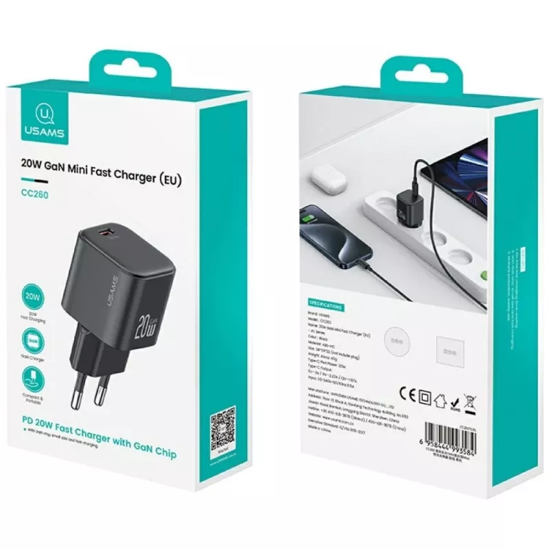 Usams USA001627 20W USB‑C įkroviklis su USB‑C laidu – greito įkrovimo adapteris telefonams ir planšetėms