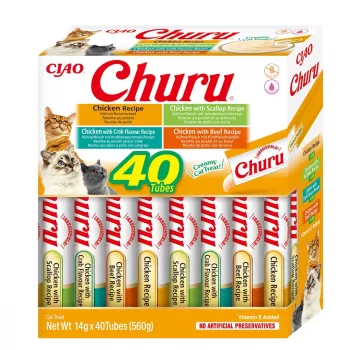 Katės skanėstai INABA Churu Variety Box — vištienos pastos skanėstai, 40 × 14 g, be grūdų, be glitimo ir be sojos