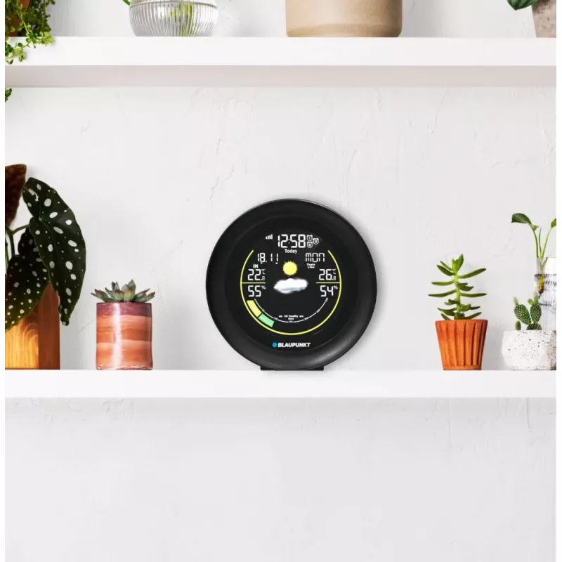 Oro stotelė BLAUPUNKT WS35BK APP – LCD ekranas, temperatūra ir drėgmė, signalizacija, kalendorius, programėlės valdymas, 94×94×27 mm