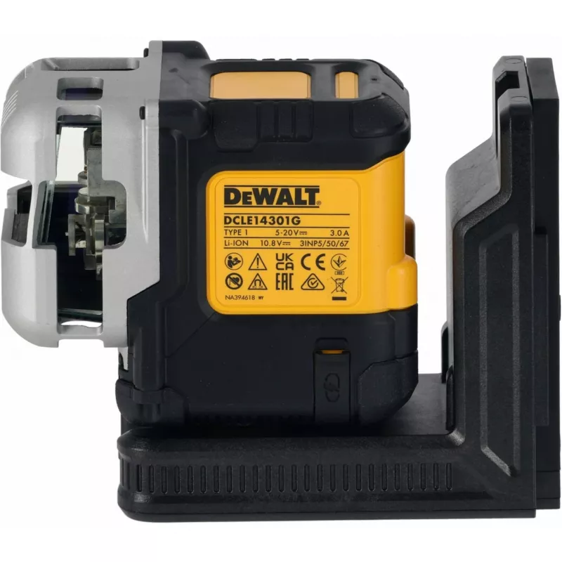 Belaidis kelių linijų lazerinis nivelyras DeWalt DCLE14301GB 3×180° kryžminės linijos, 18V, žalios linijos, integruota Powerstack Li‑Ion baterija
