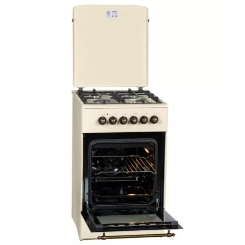 Dujinė-elektrinė viryklė MPM MPM-56-KRM-14, 56 cm, 4 dujiniai degikliai, elektrinė orkaitė, kreminė