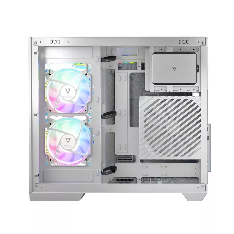 PC korpusas MODECOM Volcano Panorama Midi Tower baltas – micro ATX, grūdintas stiklas, ARGB, USB-C, palaiko GPU iki 400 mm