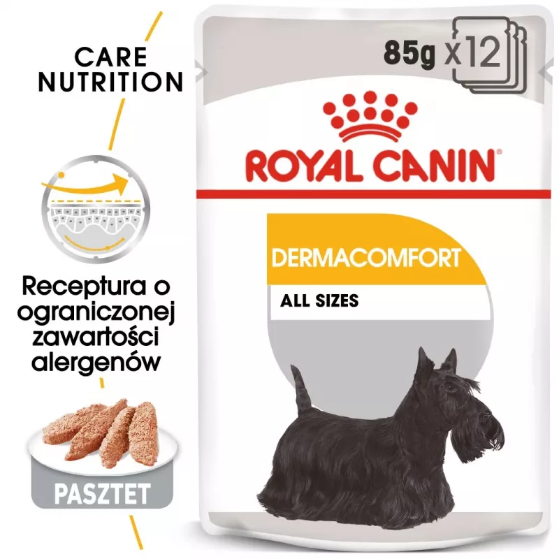Šlapias šunų ėdalas Royal Canin Dermacomfort Adult 85 g pakelis – jautriai odai, paukštienos skonis, 78% drėgmės